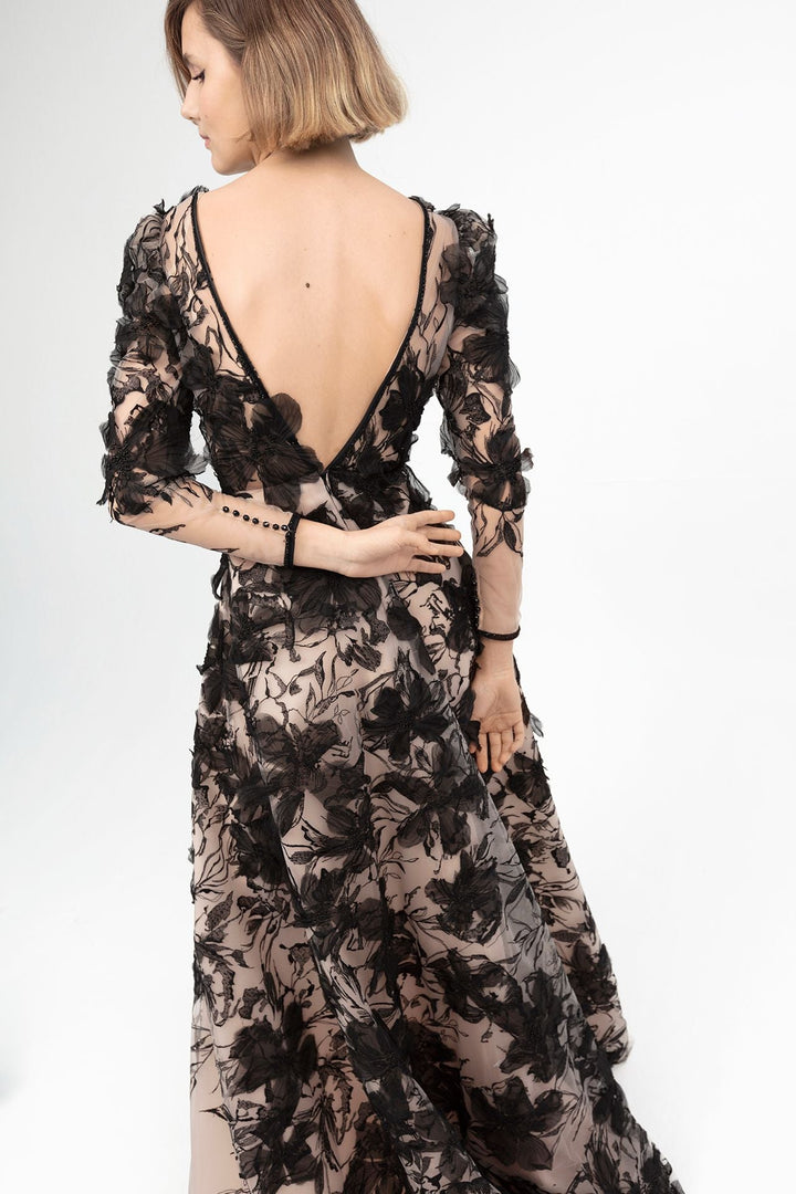 Tulle Embroidered Long-Sleeved A-line Dress