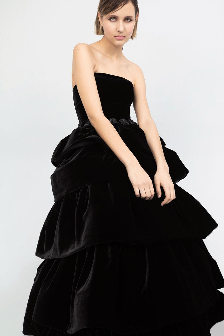 Velvet Strapless Ruffled Dress