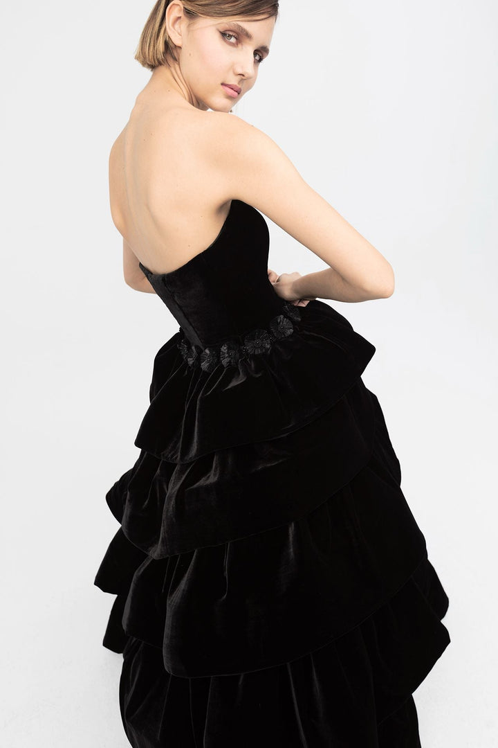 Velvet Strapless Ruffled Dress