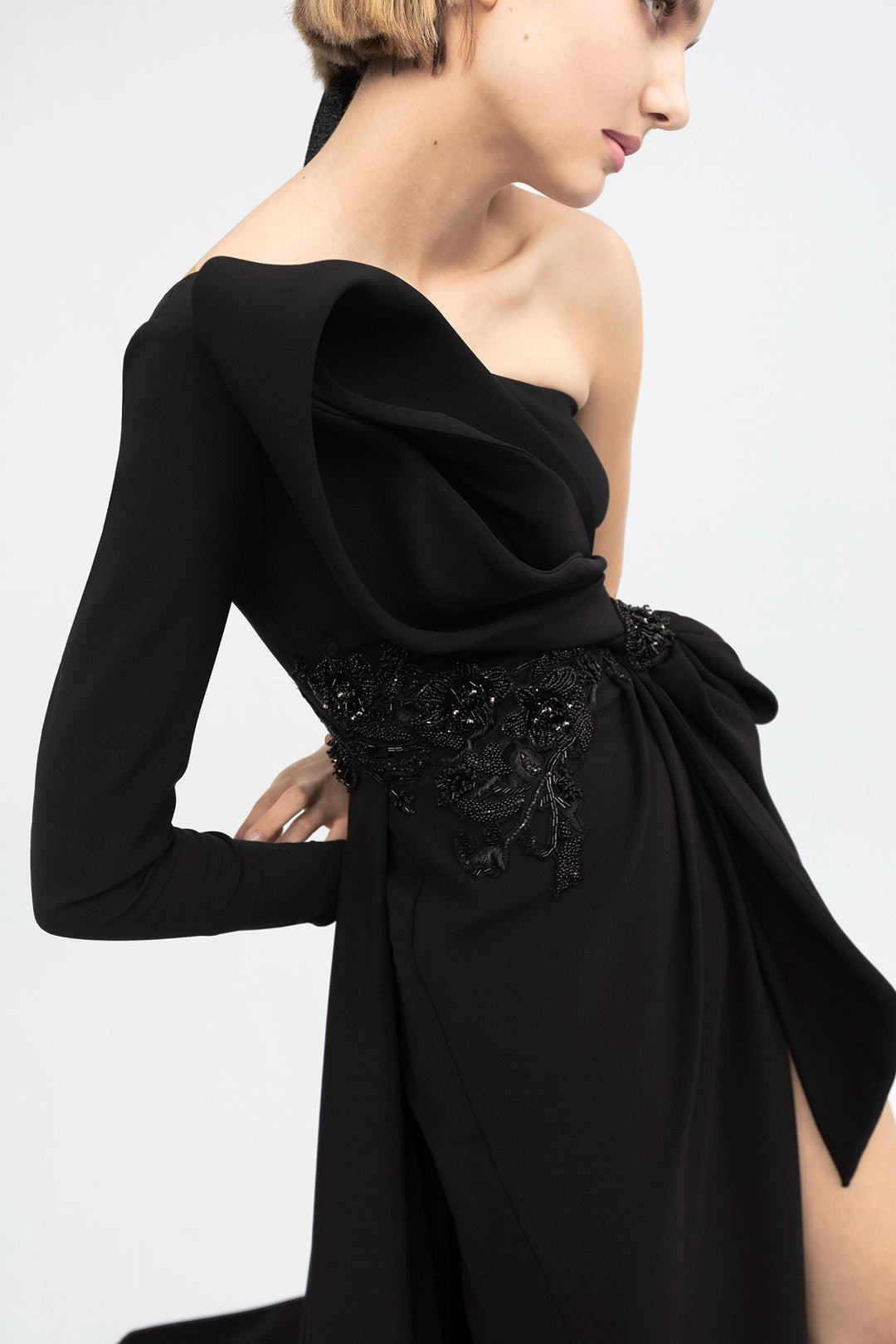 Crepe One-Shoulder Flared Dress with Embroidery