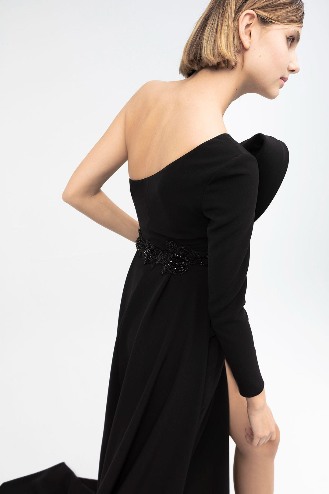 Crepe One-Shoulder Flared Dress with Embroidery