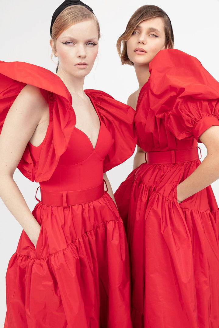 Taffeta A-line Dress with Ruffled Shoulders