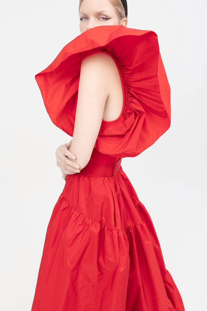 Taffeta A-line Dress with Ruffled Shoulders