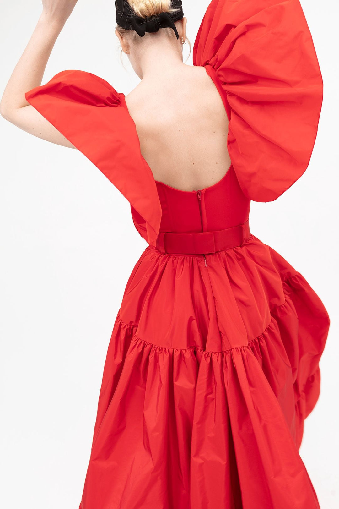 Taffeta A-line Dress with Ruffled Shoulders