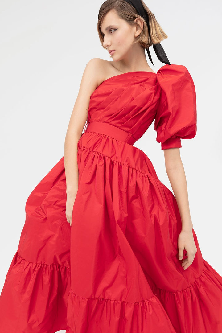 Taffeta One-Shoulder A-line Midi Dress