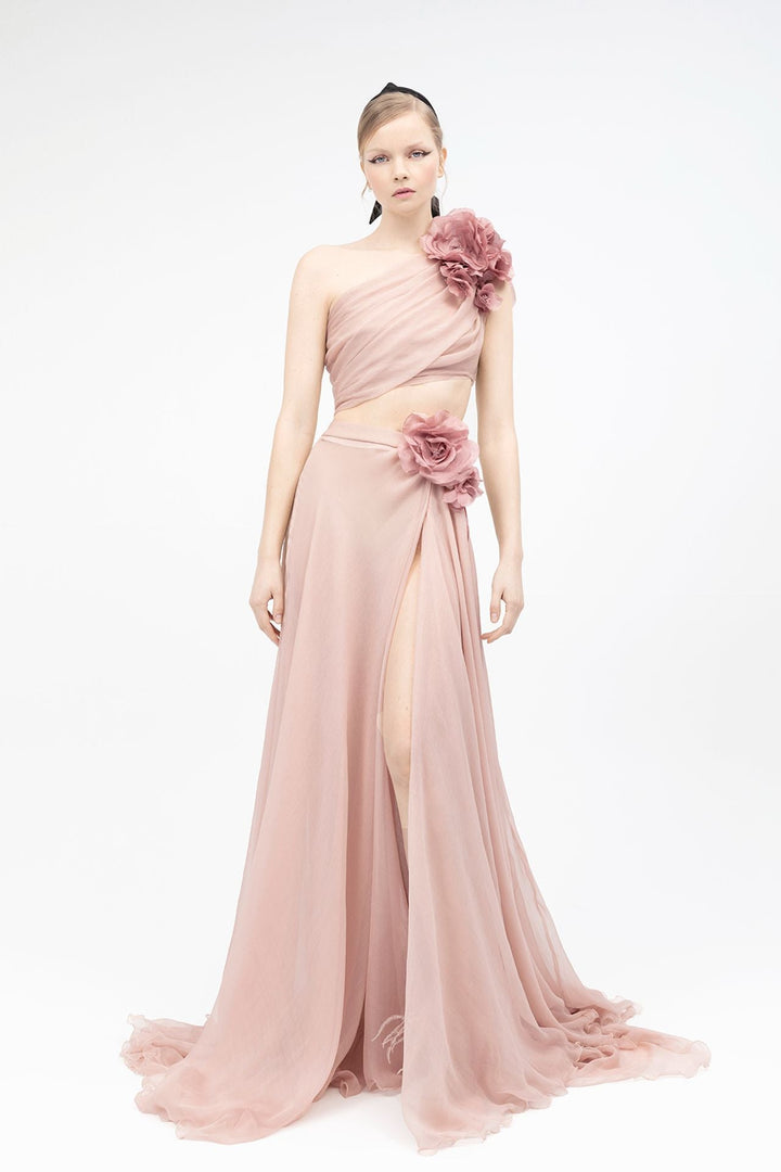 One-Shoulder Chiffon Dress with Organza Flowers