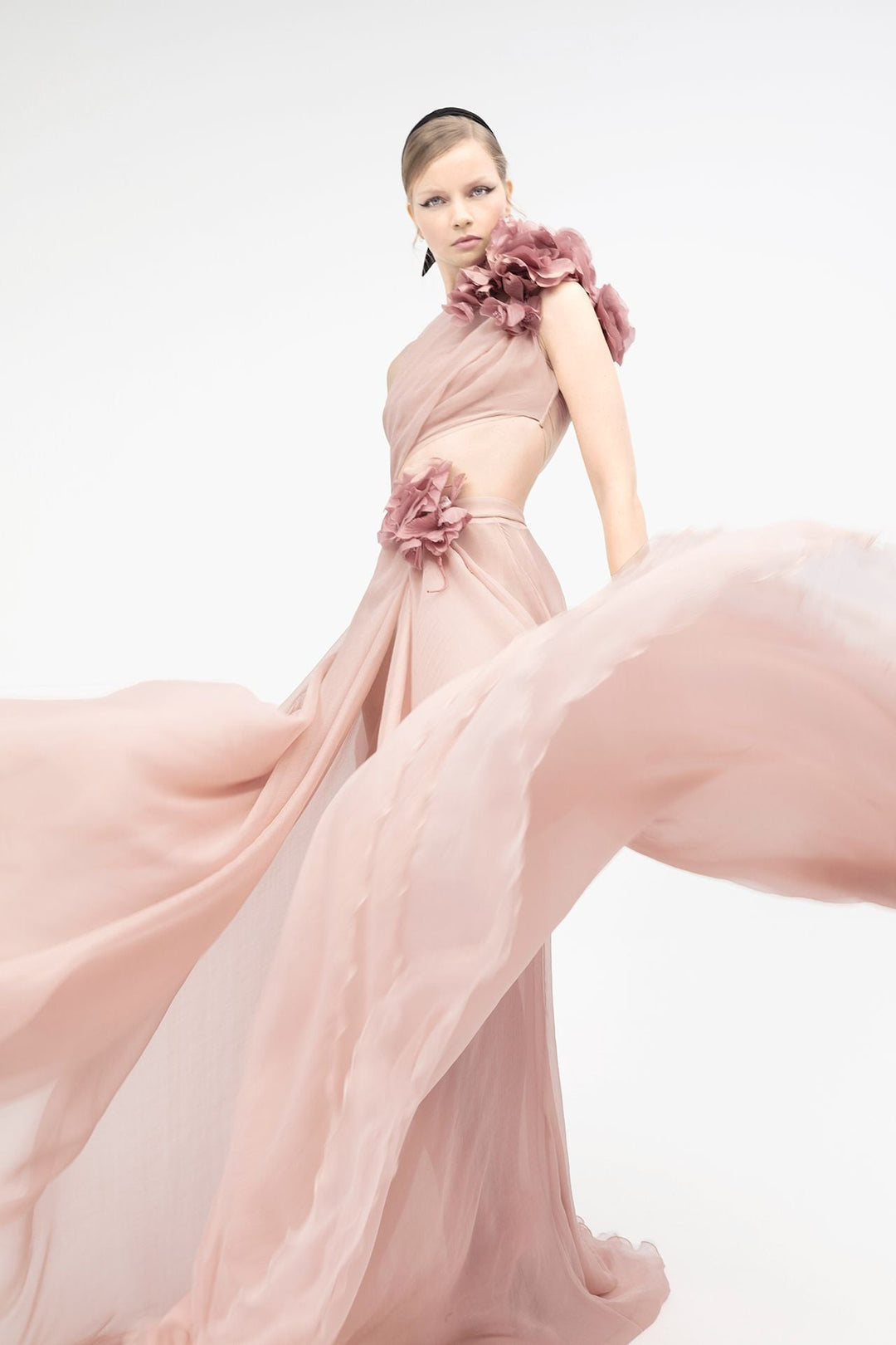 One-Shoulder Chiffon Dress with Organza Flowers