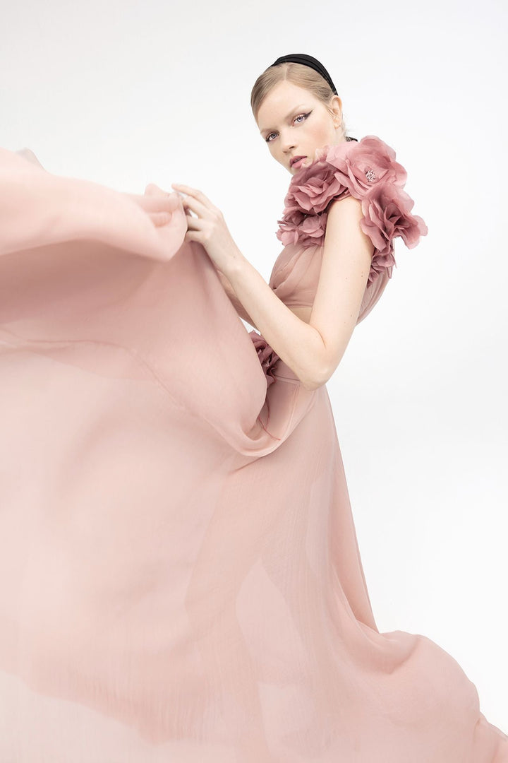 One-Shoulder Chiffon Dress with Organza Flowers