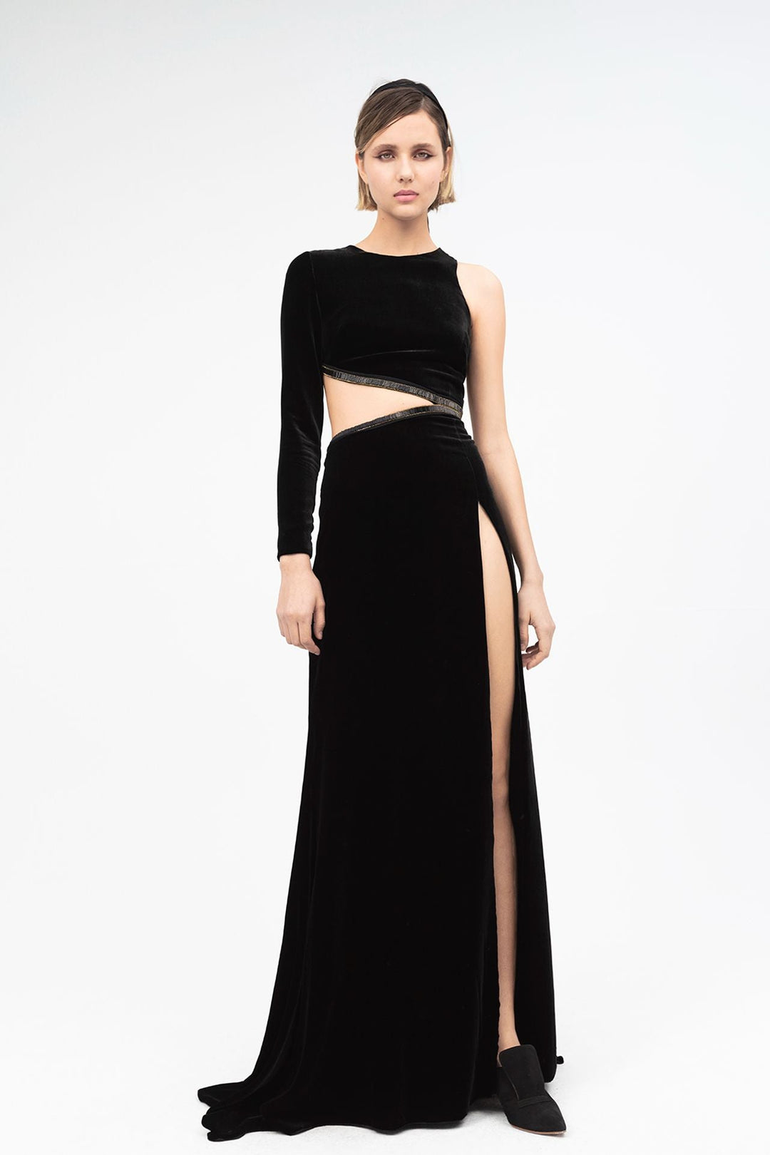 Velvet Asymmetric Flared Dress Black / FR 34