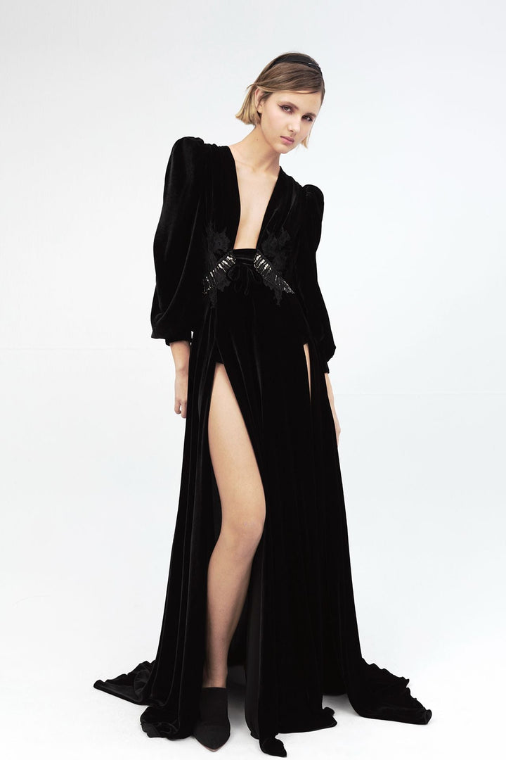 Velvet Long-Sleeved Flared Dress