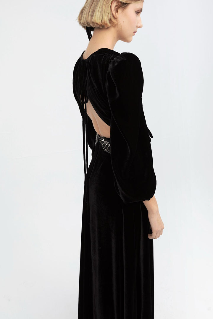 Velvet Long-Sleeved Flared Dress