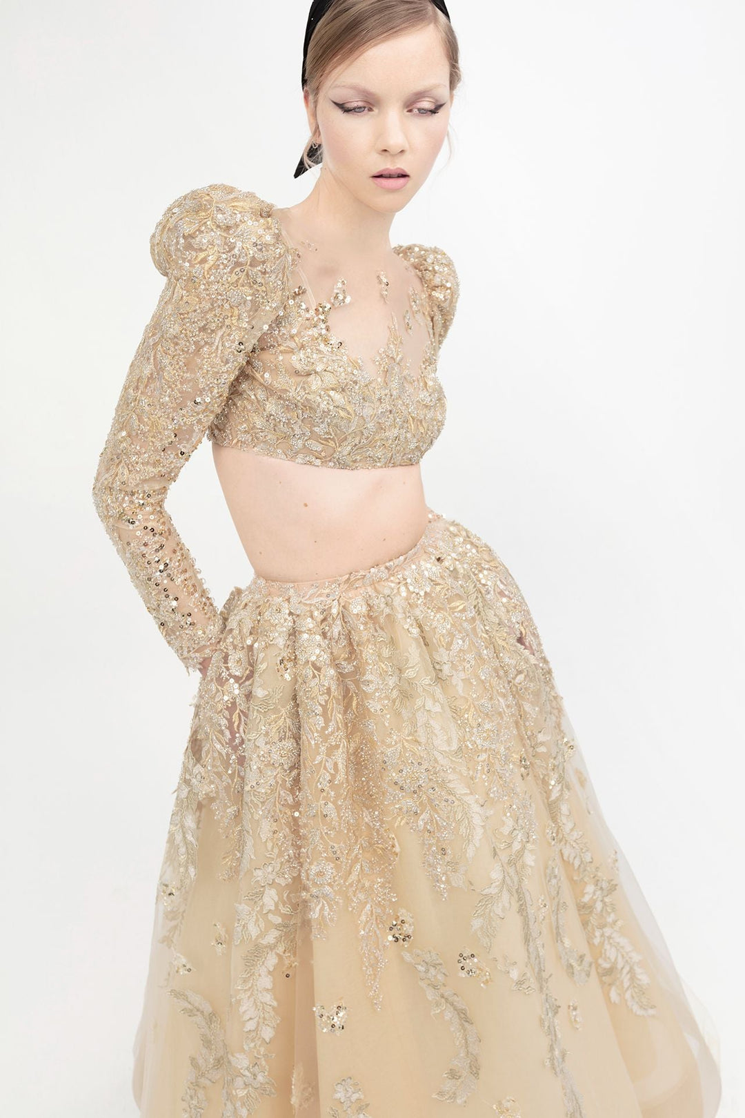 Beaded Tulle Long-Sleeved Top with A-line Skirt
