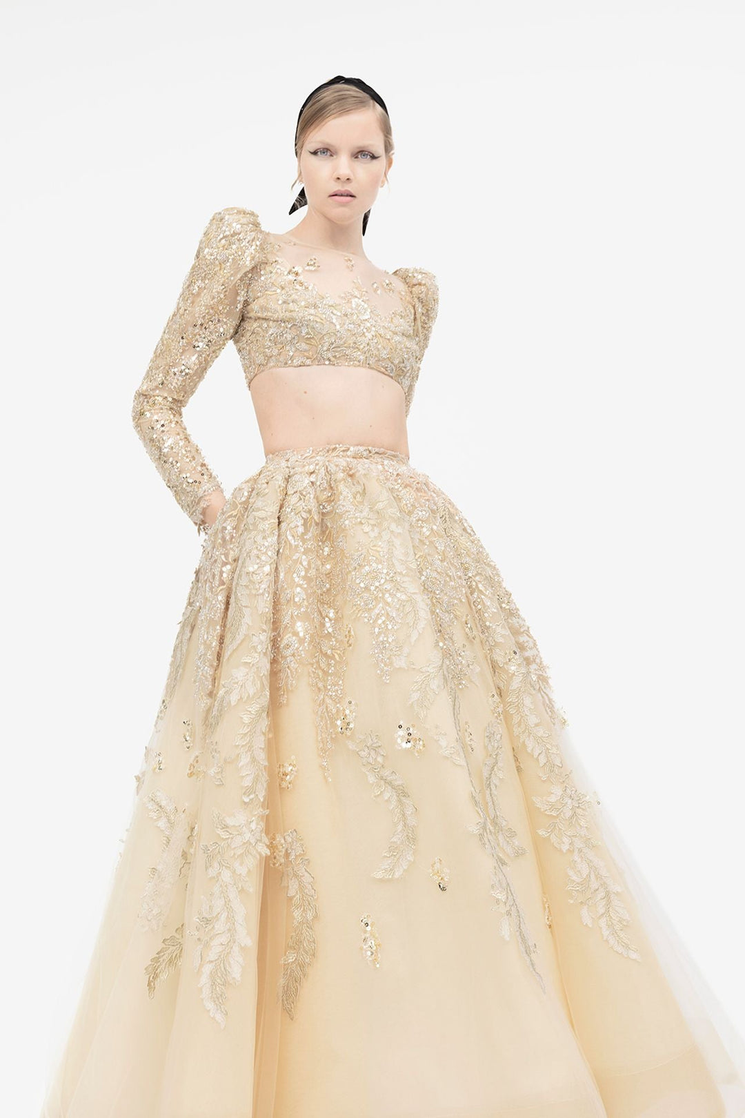 Beaded Tulle Long-Sleeved Top with A-line Skirt