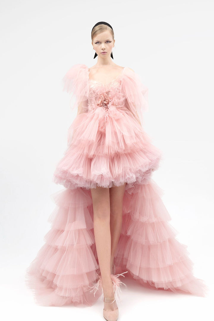 Ruffled Tulle Short Dress with Back Train