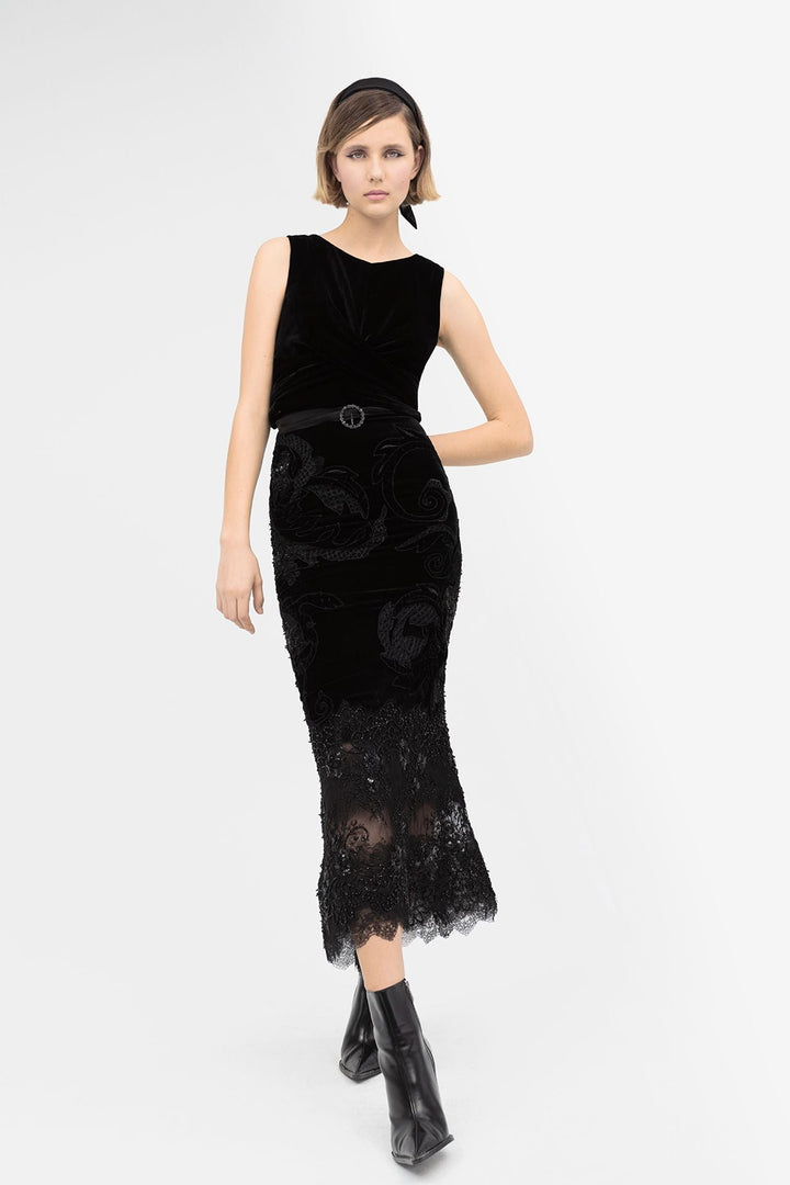 Velvet Sleeveless Top and Lace Midi Skirt