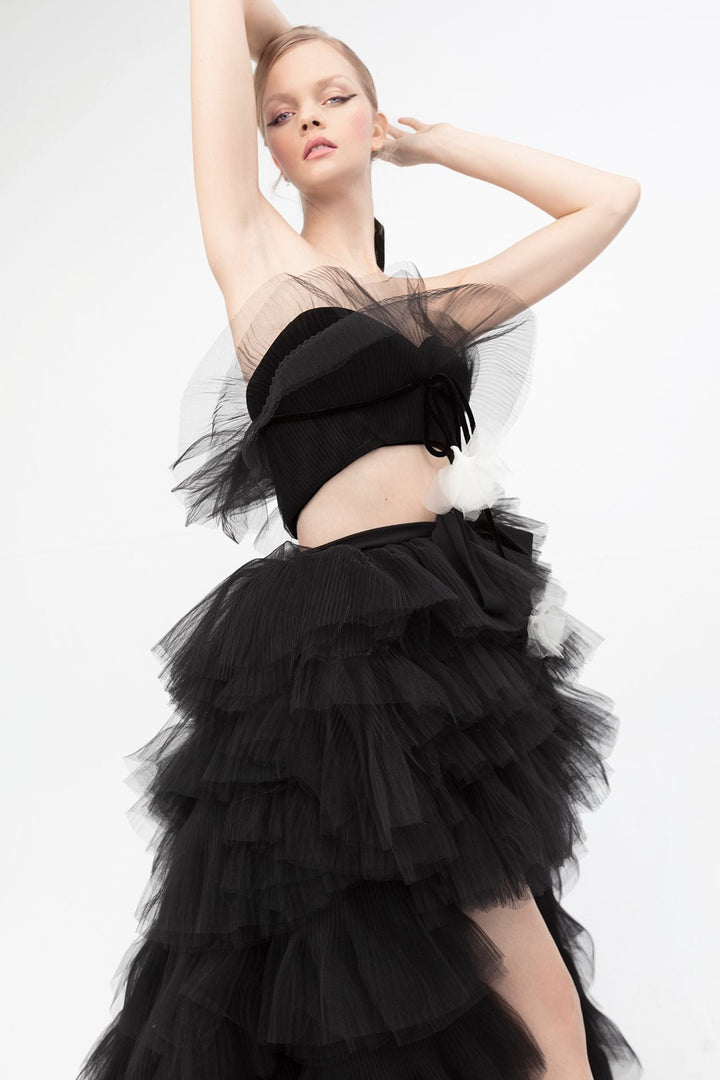 Strapless Top with Ruffled Asymmetrical Tulle Skirt