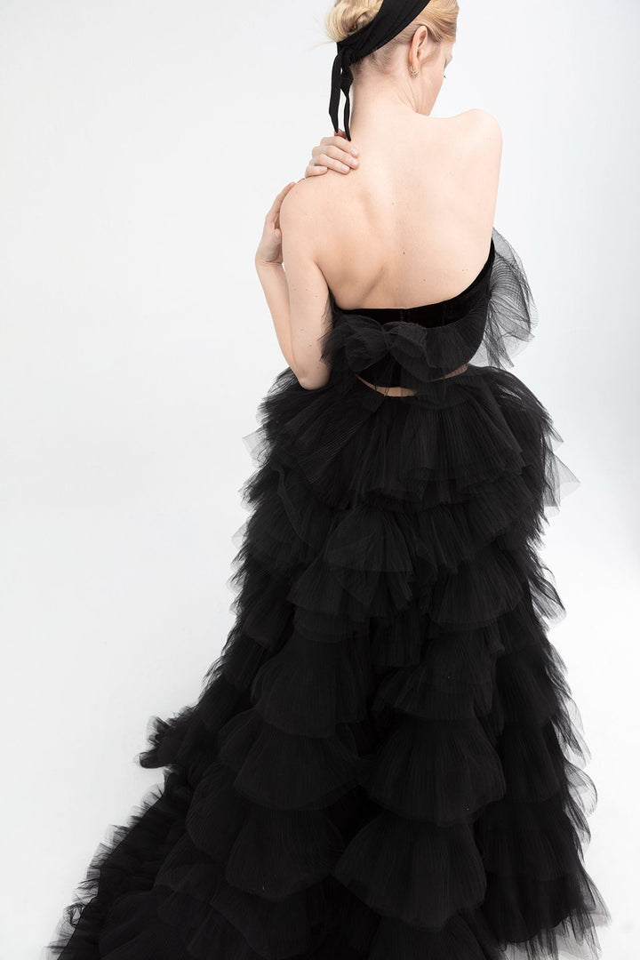 Strapless Top with Ruffled Asymmetrical Tulle Skirt