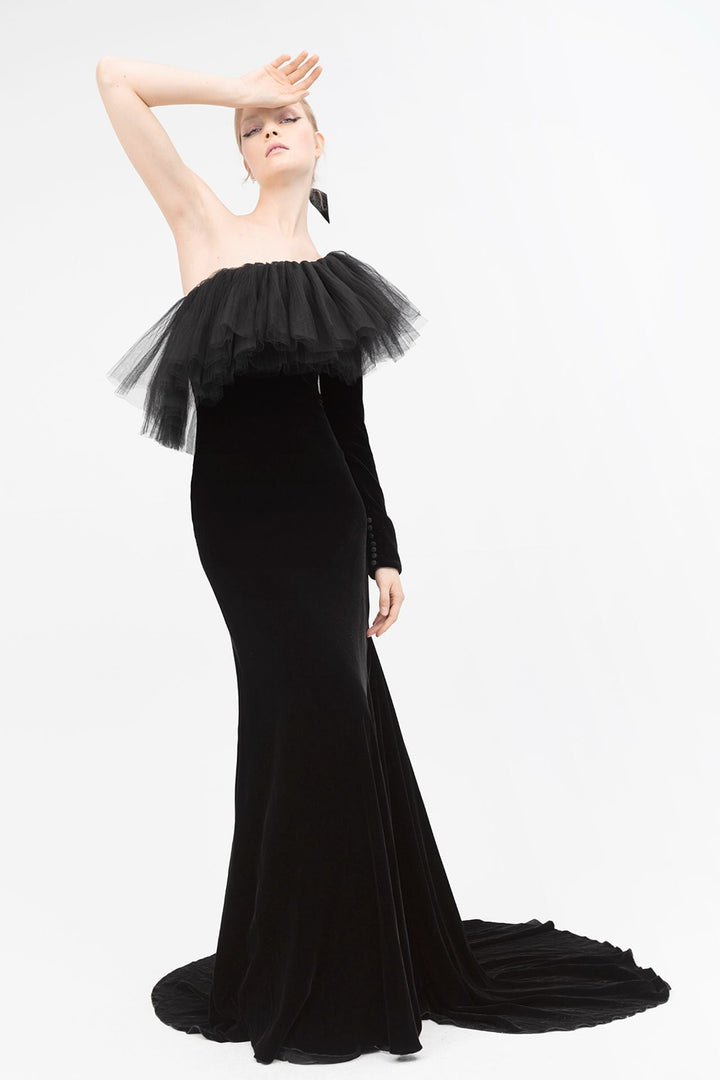 Velvet One-shoulder Mermaid Dress with Tulle