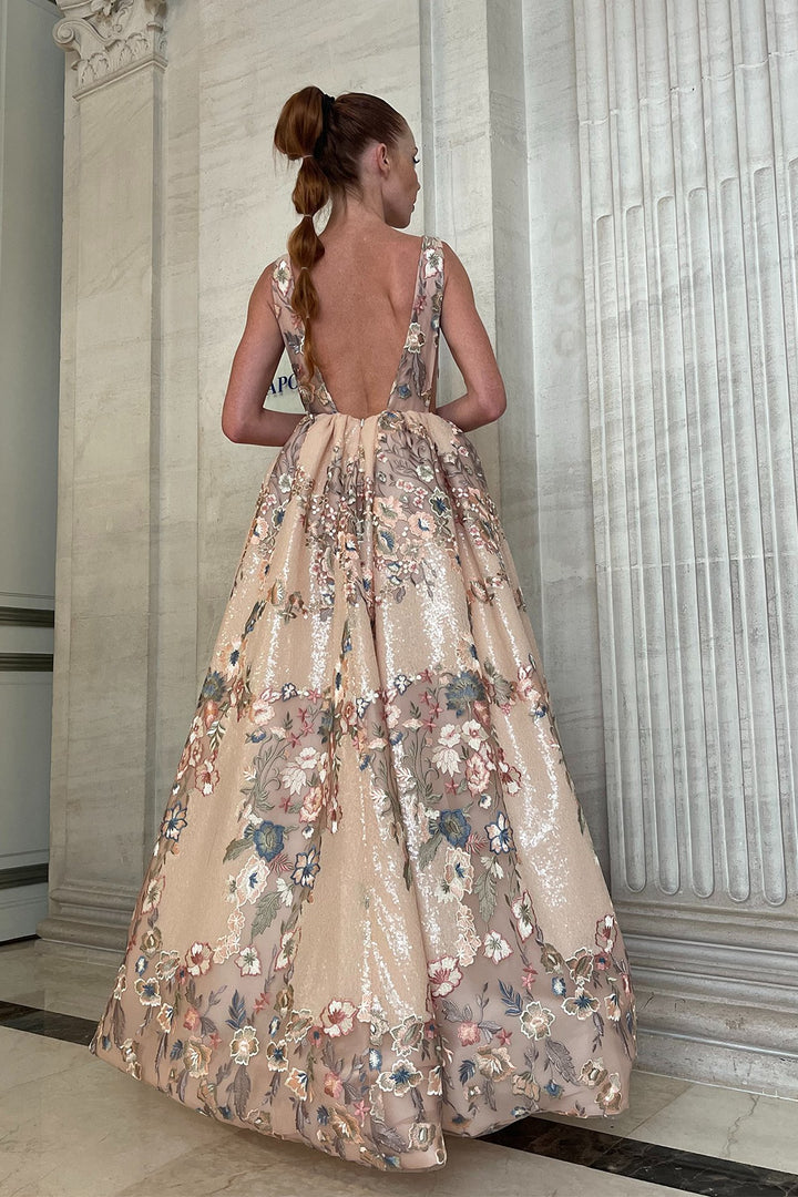 Embroidered Floral Sleeveless Tulle Gown