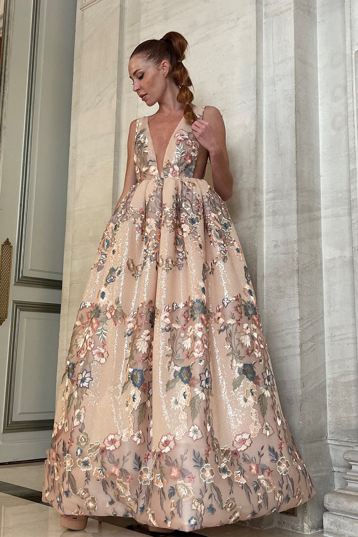 Embroidered Floral Sleeveless Tulle Gown