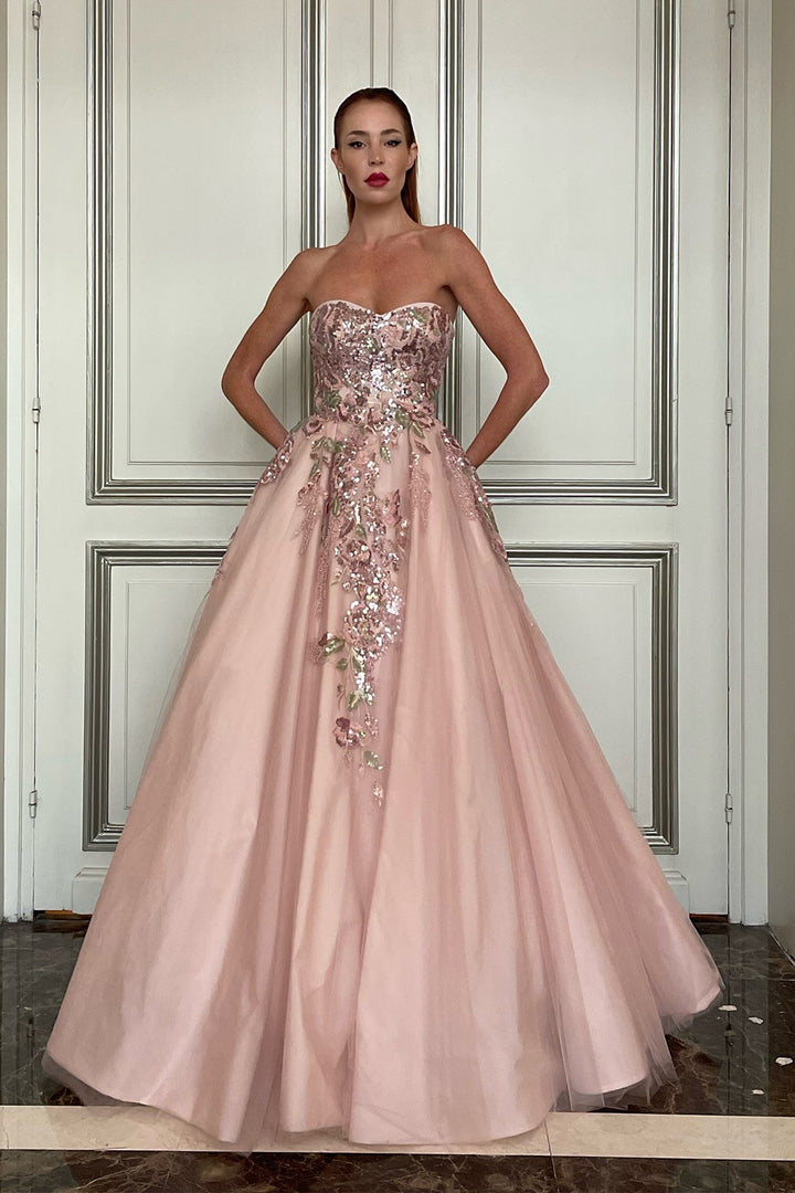 Tulle and Taffeta Strapless Dress with Embroidery