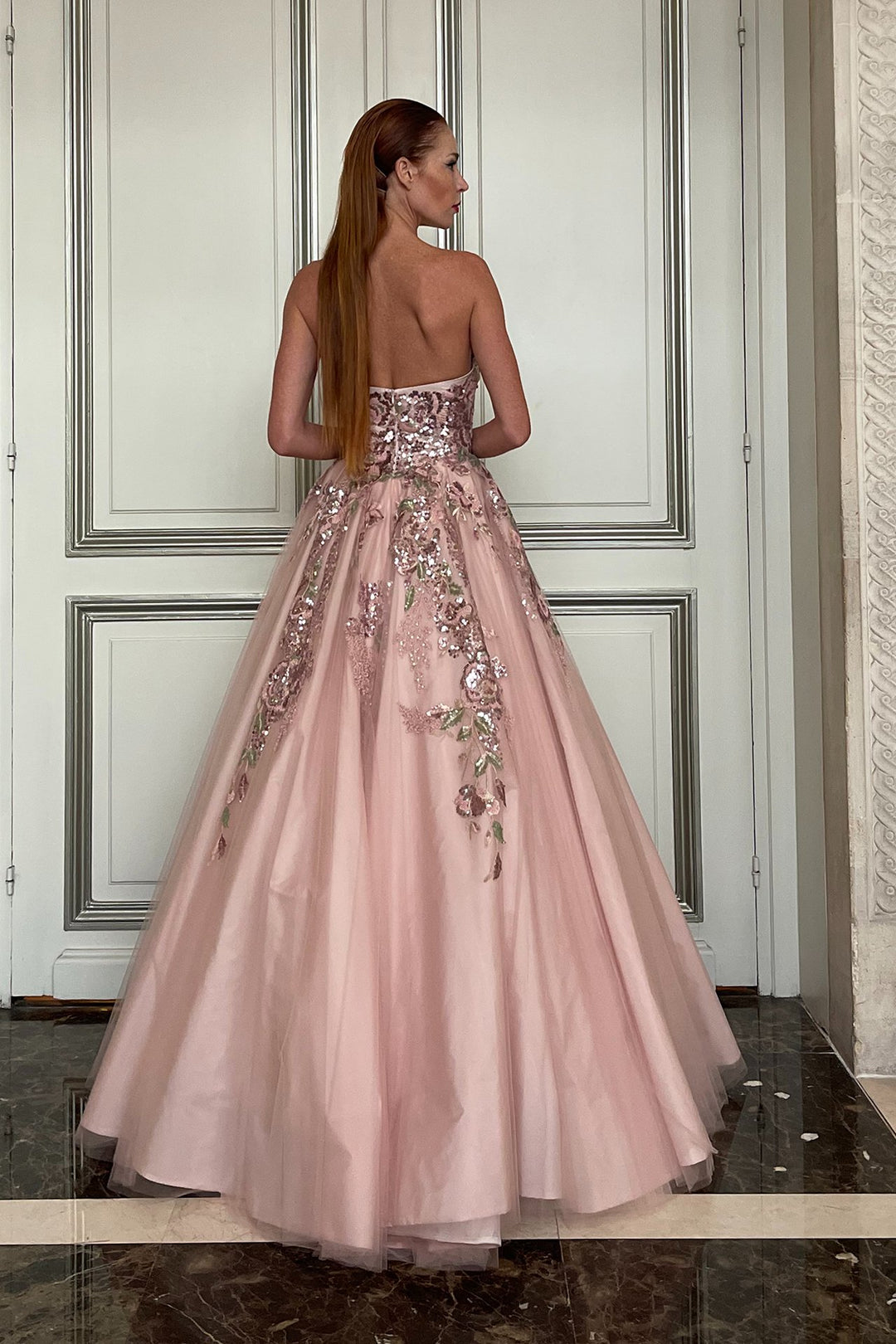 Tulle and Taffeta Strapless Dress with Embroidery