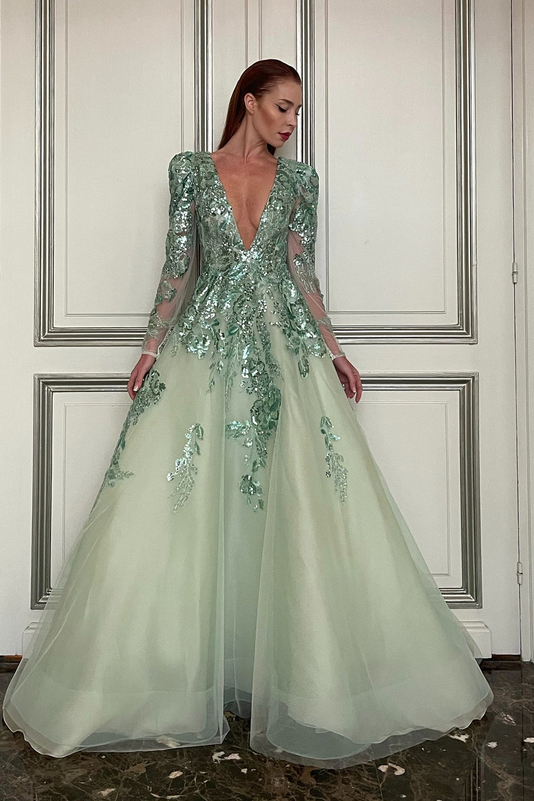 embroidered tulle maxi dress Embroidered Tulle Long-Sleeved Flared Dress Blush / FR 42