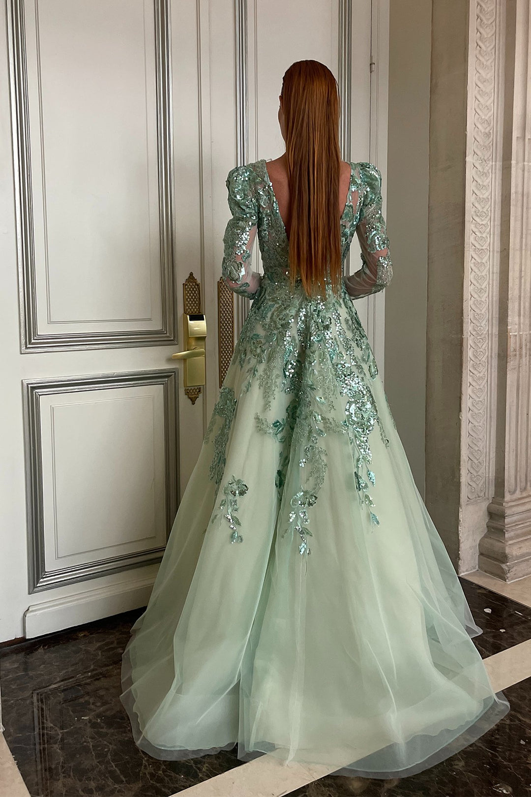 Embroidered Tulle Long-Sleeved A-line Dress