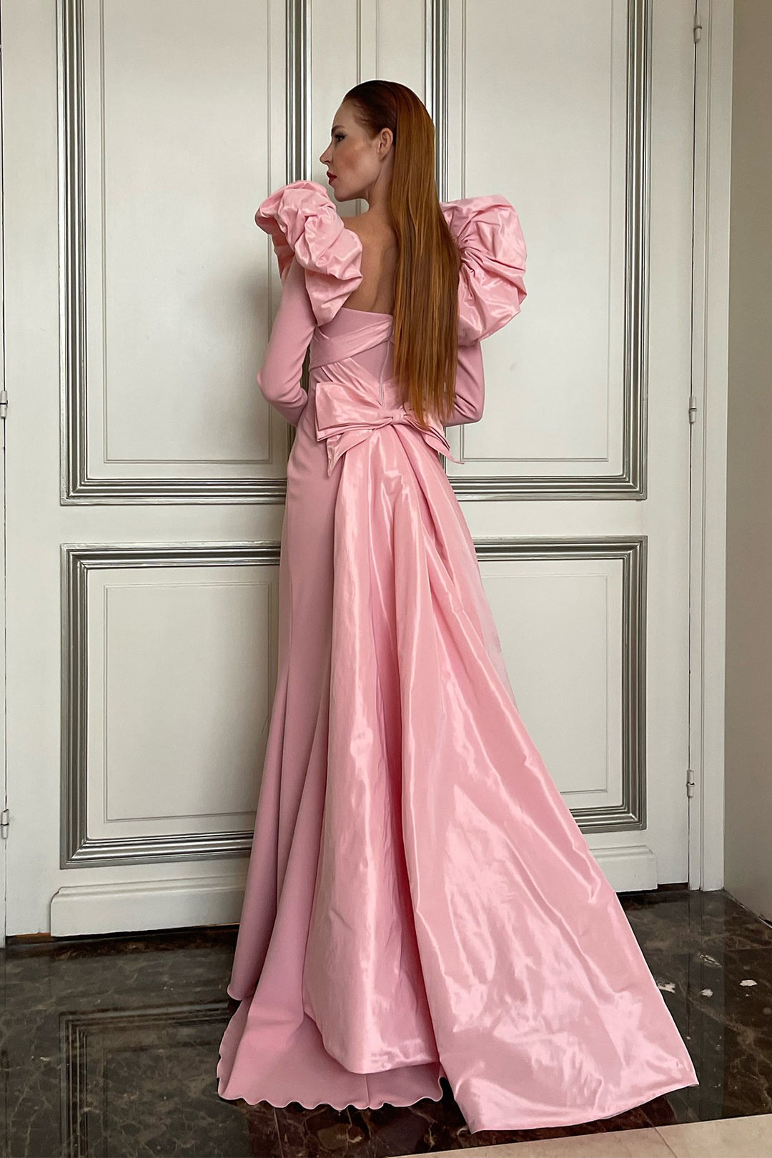 Column Silhouette Dress Featuring Taffeta Shoulders and Train Pink / FR 32 Column Silhouette Dress Featuring Taffeta Shoulders and Train Pink / FR 32