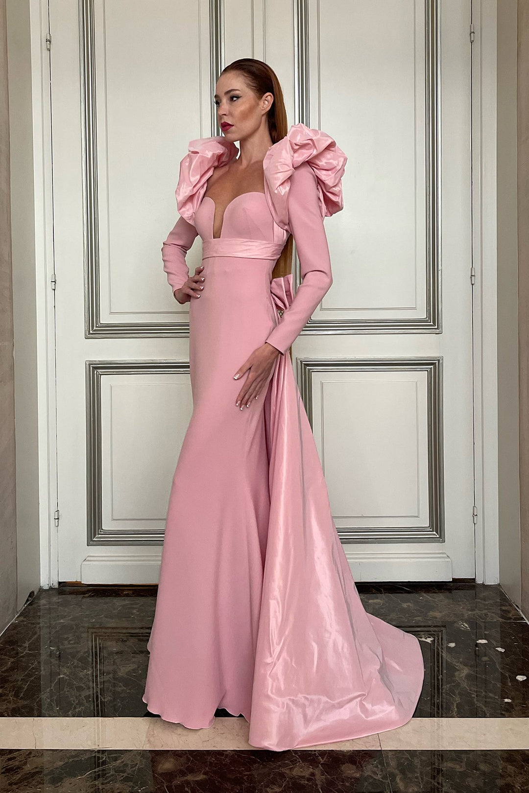 Long-Sleeved Mermaid Dress with Overskirt Pink / FR 32
