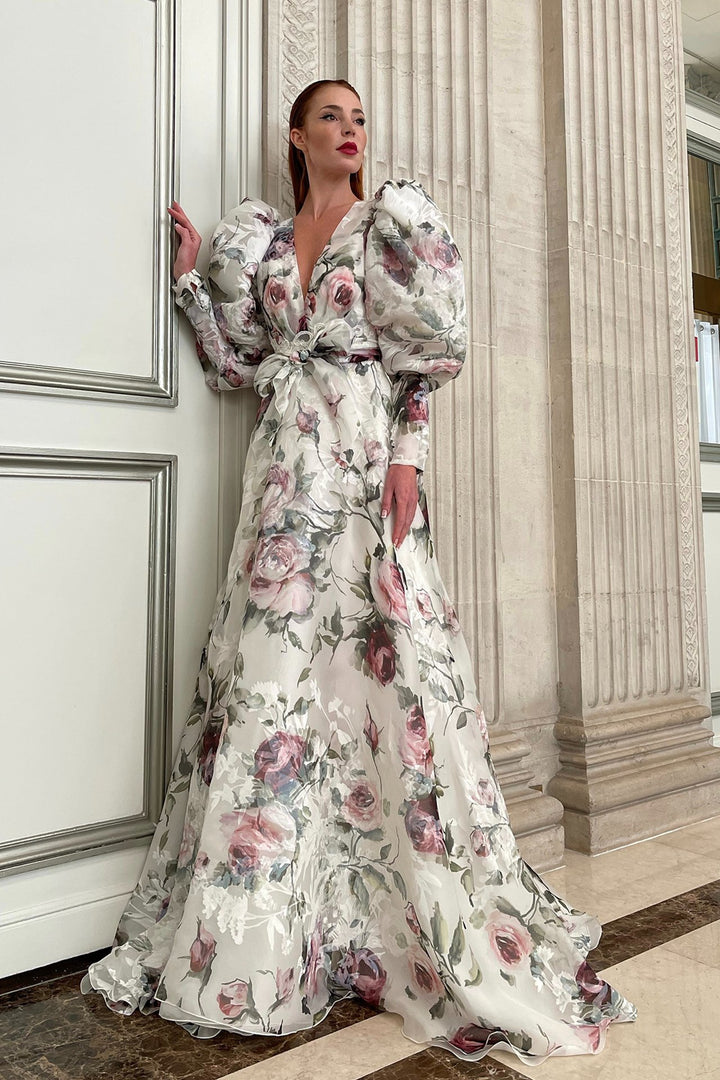 Long-Sleeved Floral Silk A-line Dress