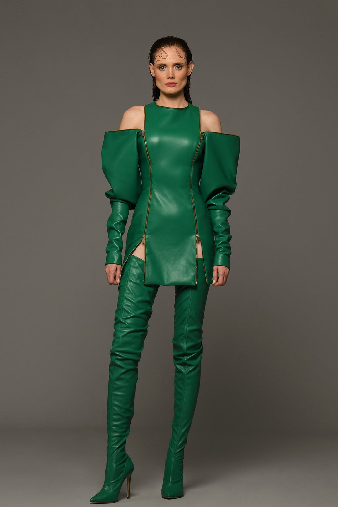 Leather mini dress with zippers Dark Green / US 12 Leather mini dress with zippers Dark Green / US 12