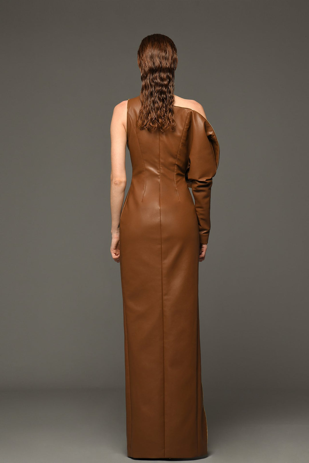 asymmetrical leather dress Faux Leather One Shoulder Pleated Cutout Asymmetrical Midi Dress