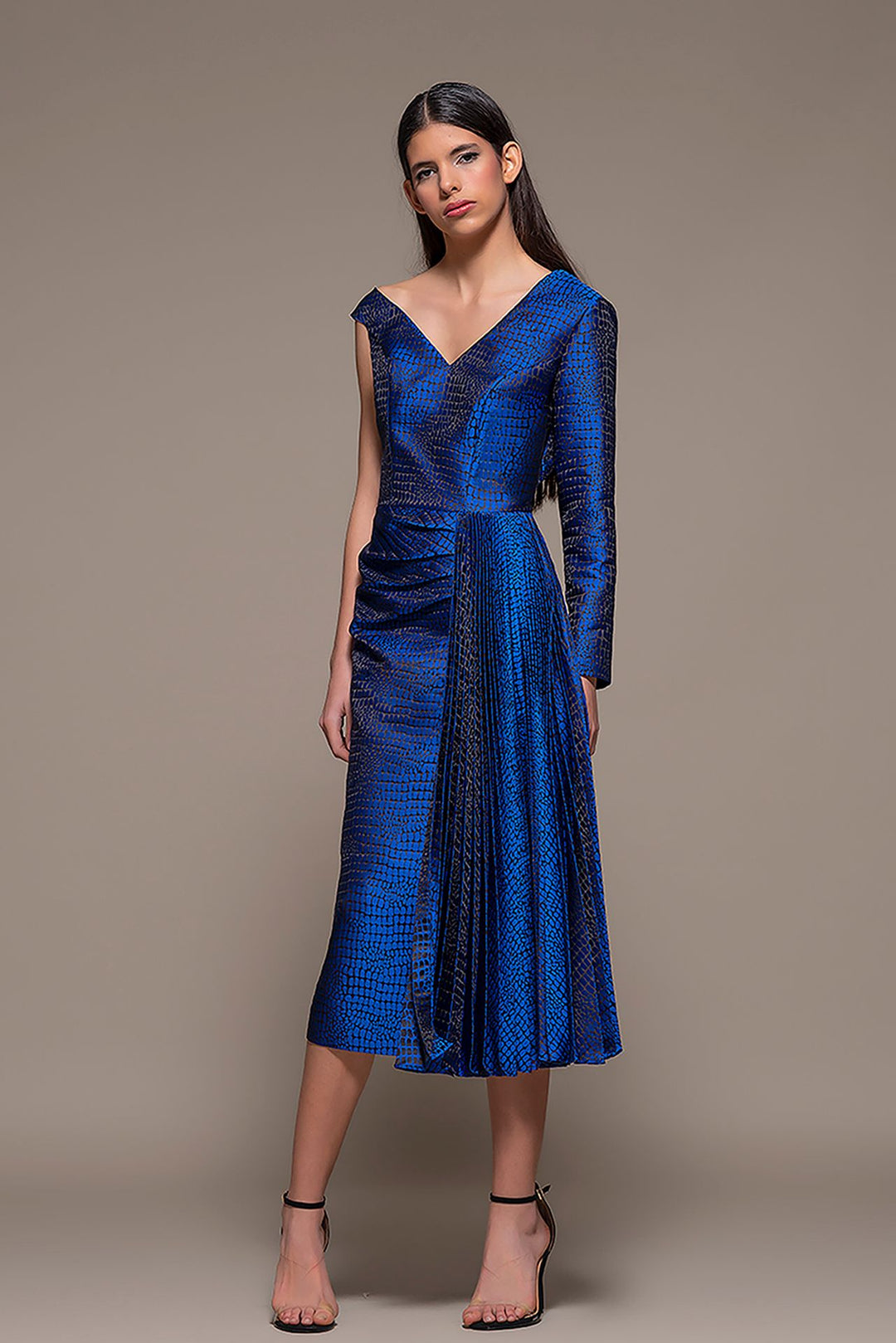 Half-Draped Half-Pleated A-line Midi Dress Half-Draped Half-Pleated A-line Midi Dress