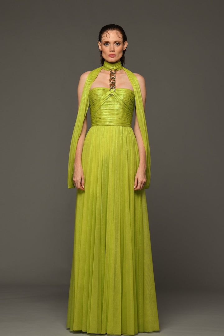 Halter Neck Silk Foiled Tulle Dress