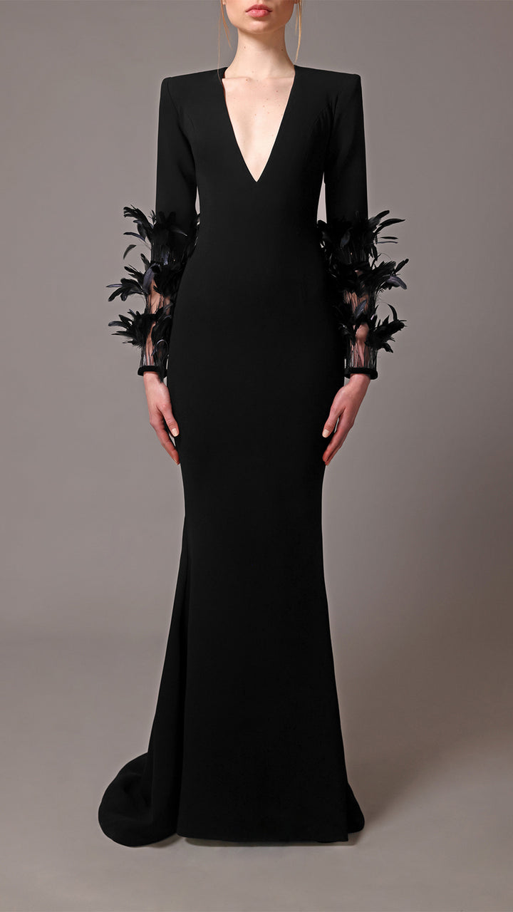 Long-Sleeved Crepe Dress With Feathers