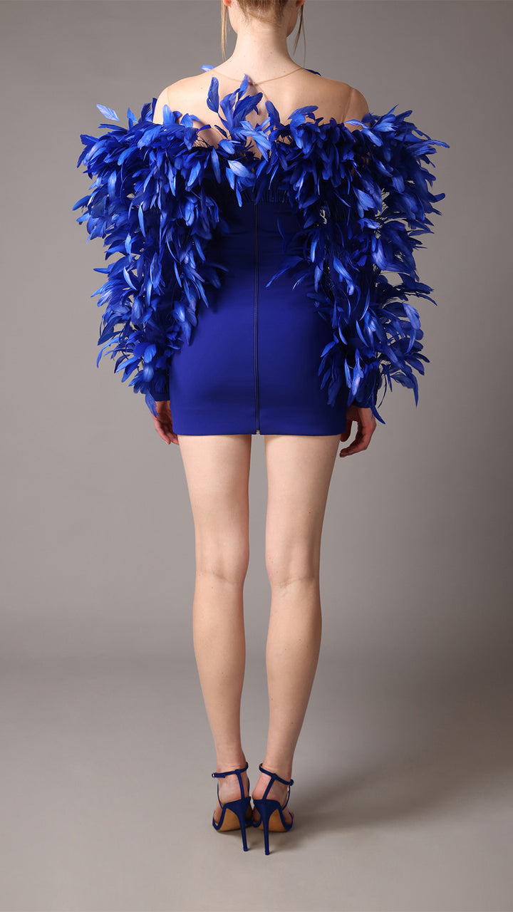 Crepe Mini Dress with Feathers