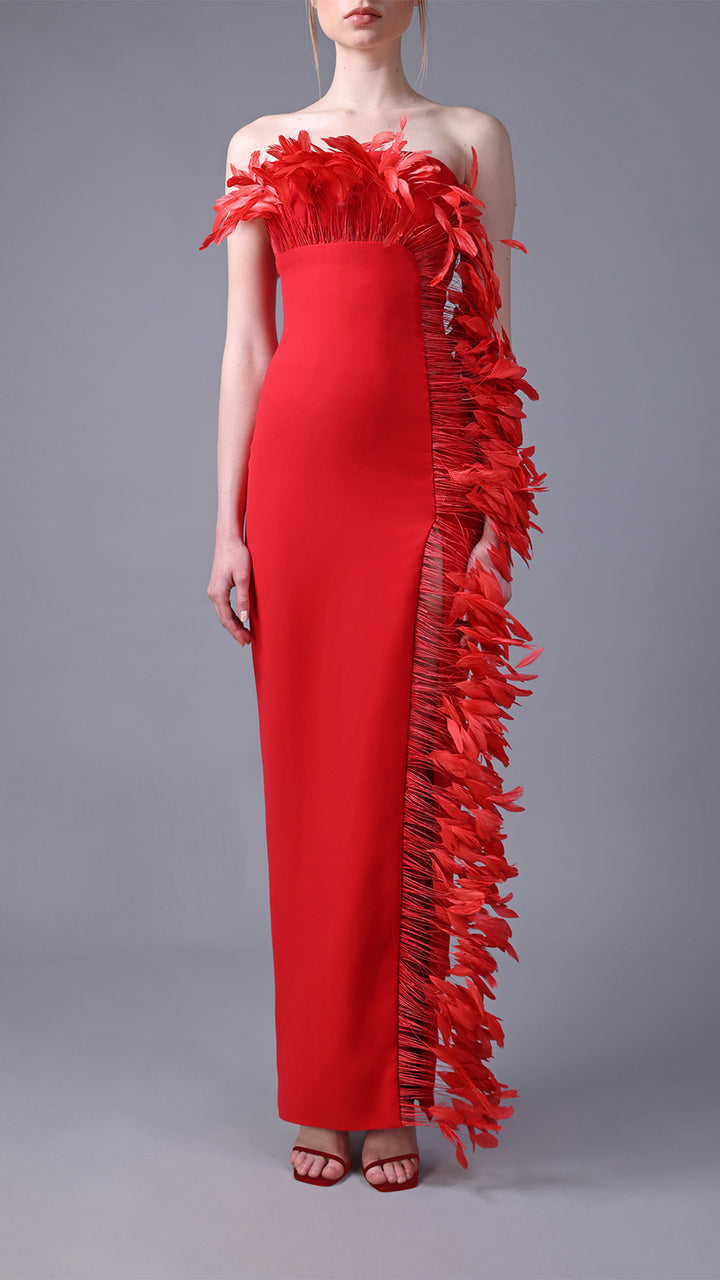 Strapless Crepe Dress with Feathers