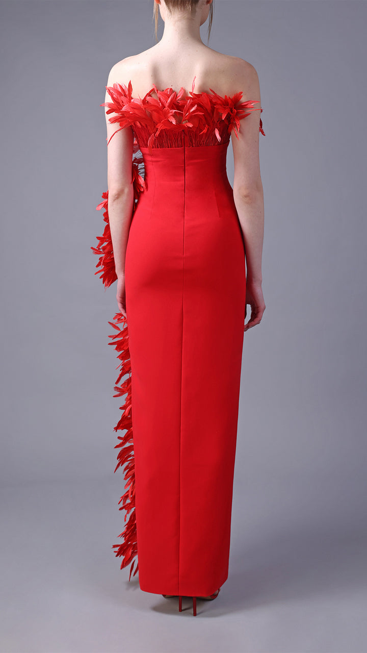 Strapless Crepe Dress with Feathers