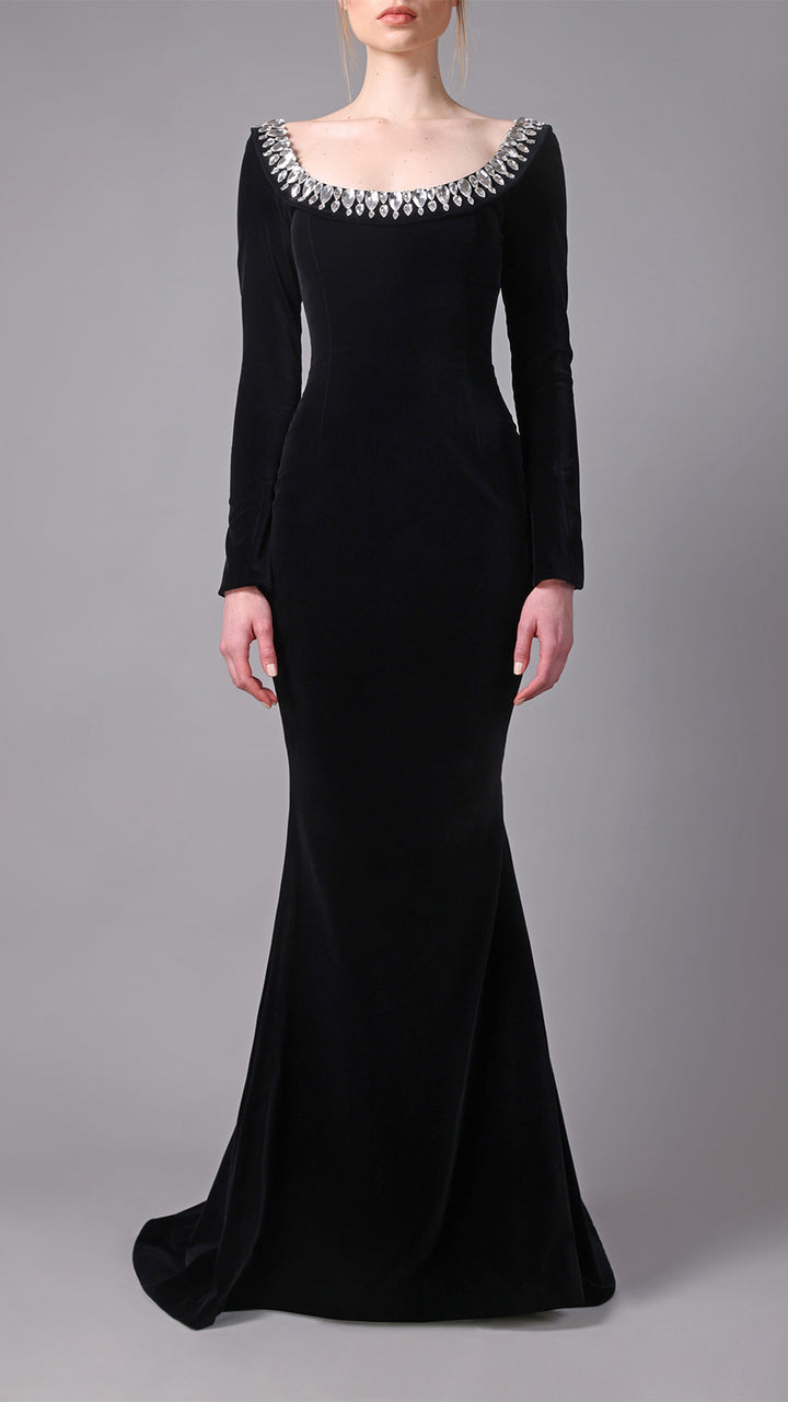 Boat Neck Long-Sleeved Velvet Dress