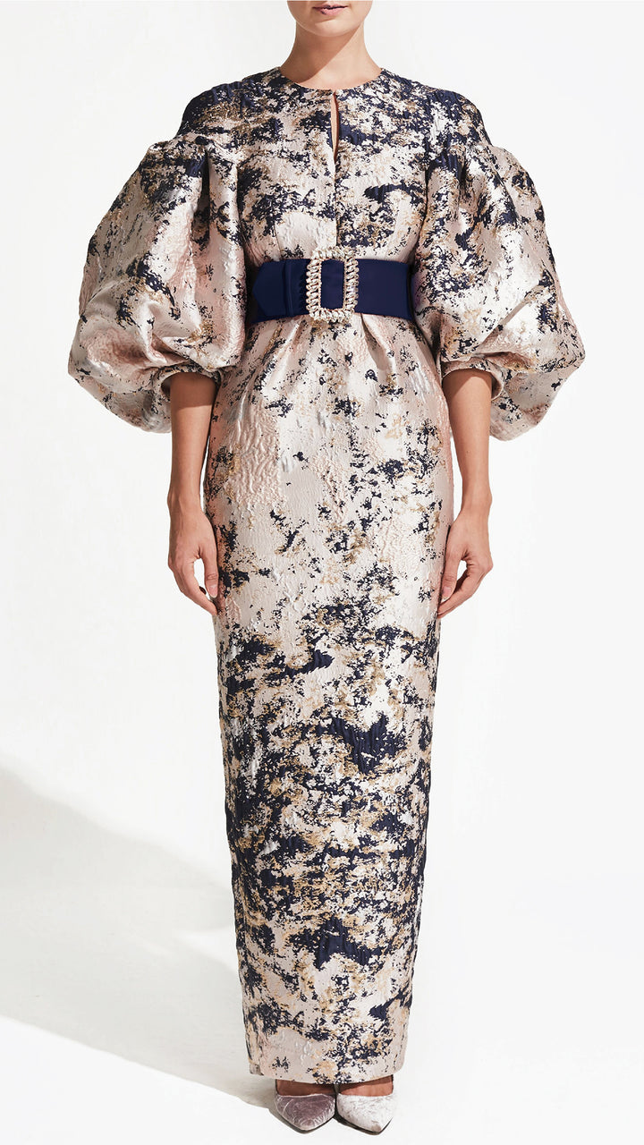 Printed Column Dress with Puffy Sleeves