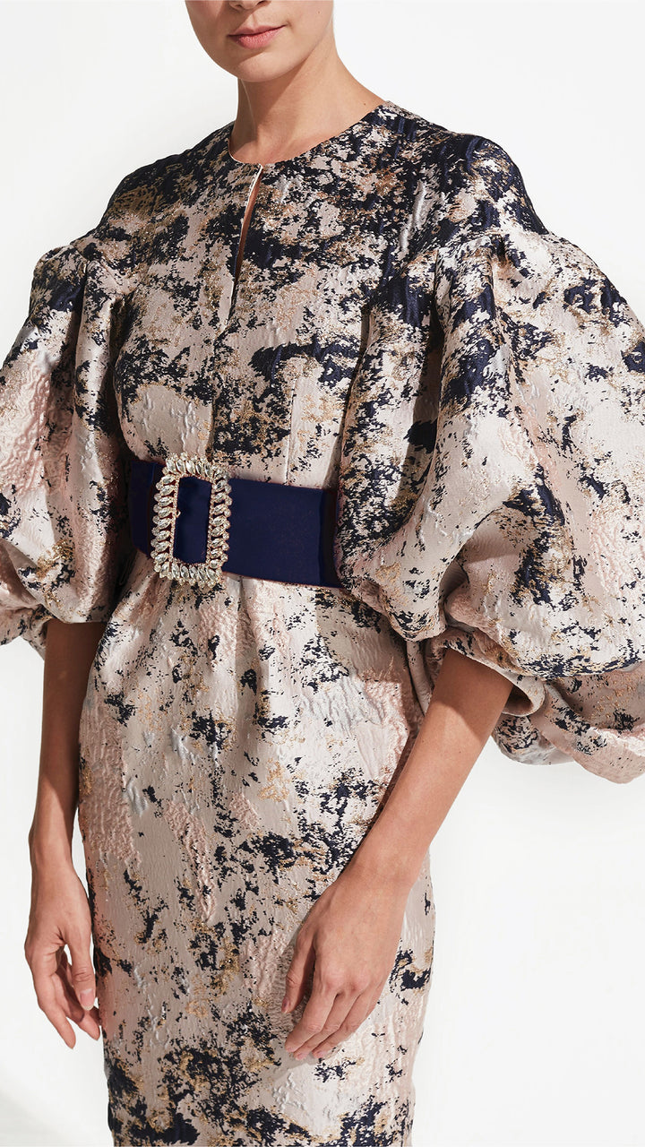 Printed Column Dress with Puffy Sleeves