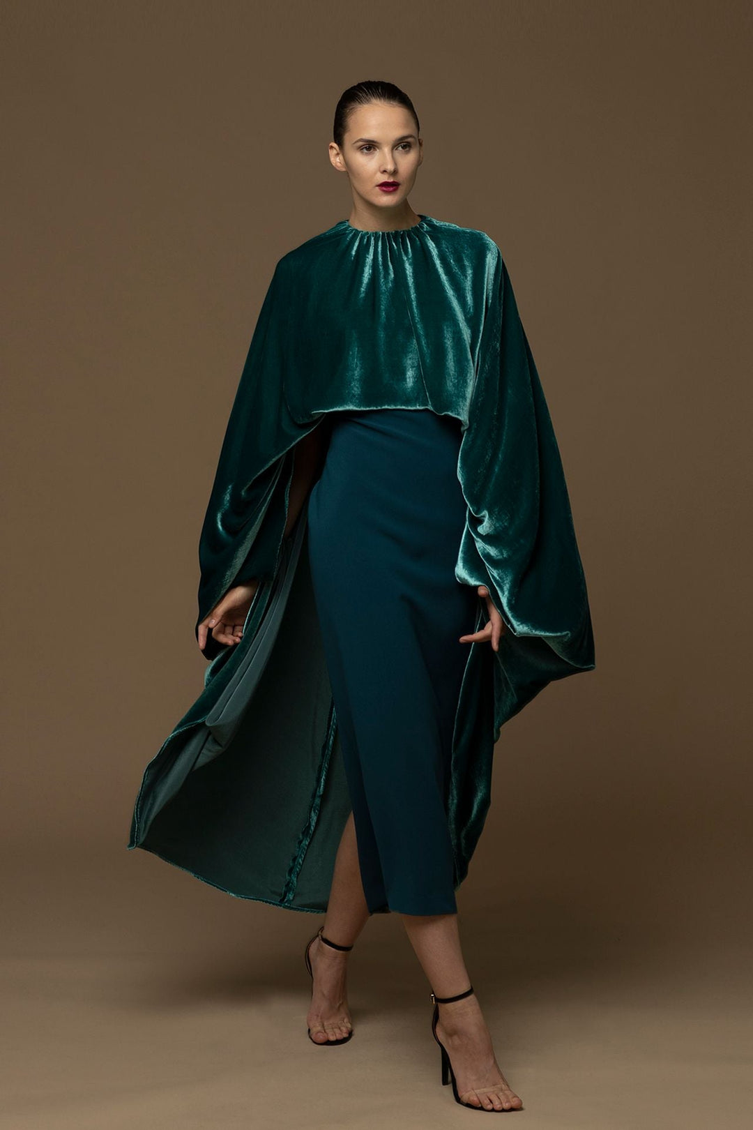 green velvet cape dress Elegant Green Velvet Dress with Sheer Cape Mazj Collections
