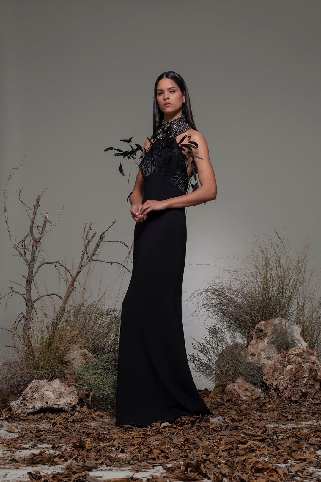Halter Neck Column Dress with Feathers US 18 Halter Neck Column Dress with Feathers US 18
