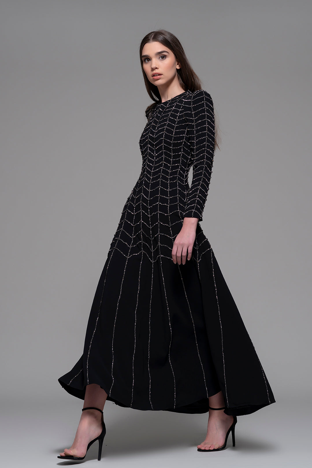Embroidered Long-Sleeved A-line Midi Dress