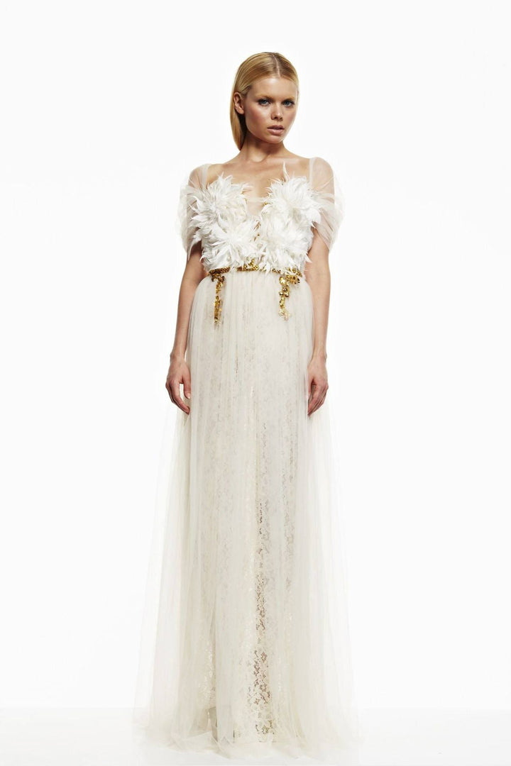 A-line Dress with Feathers and Tulle Detailing