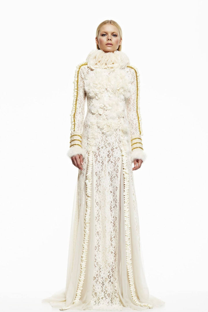 Embroidered High Neck Long-Sleeved Lace Dress