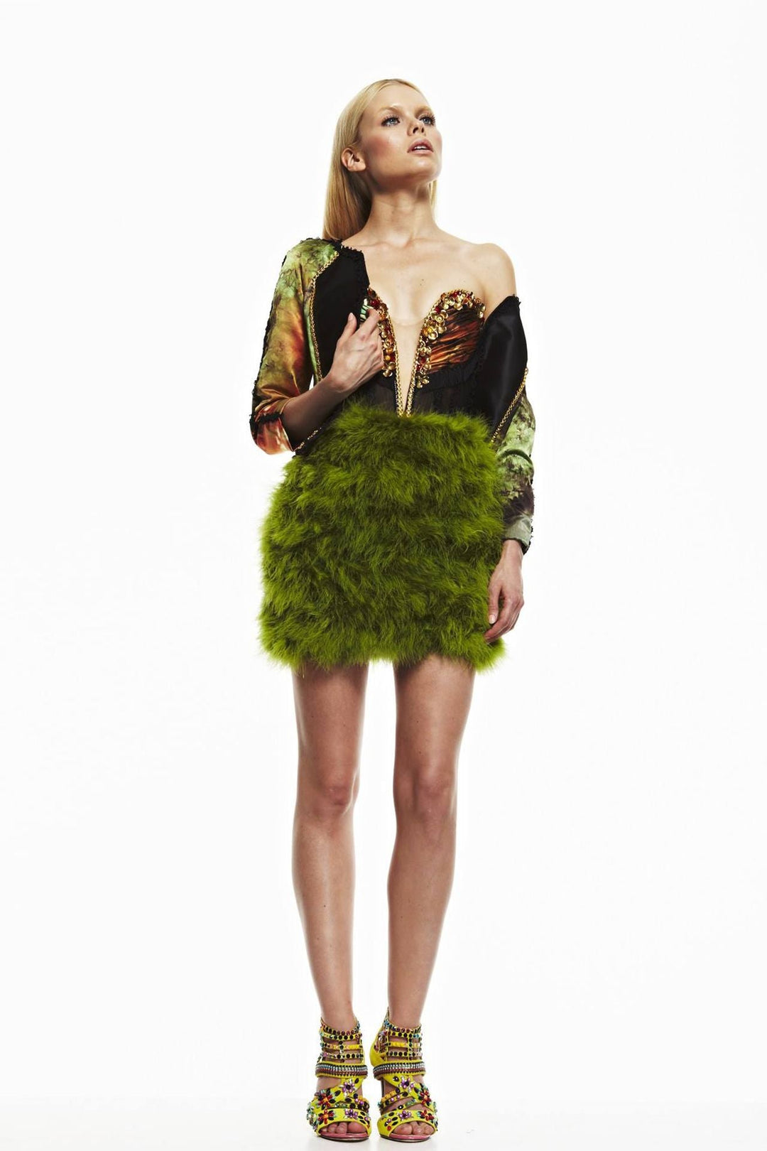 Strapless Fur Mini Dress with Jacket Green / FR 46 Strapless Fur Mini Dress with Jacket Green / FR 46