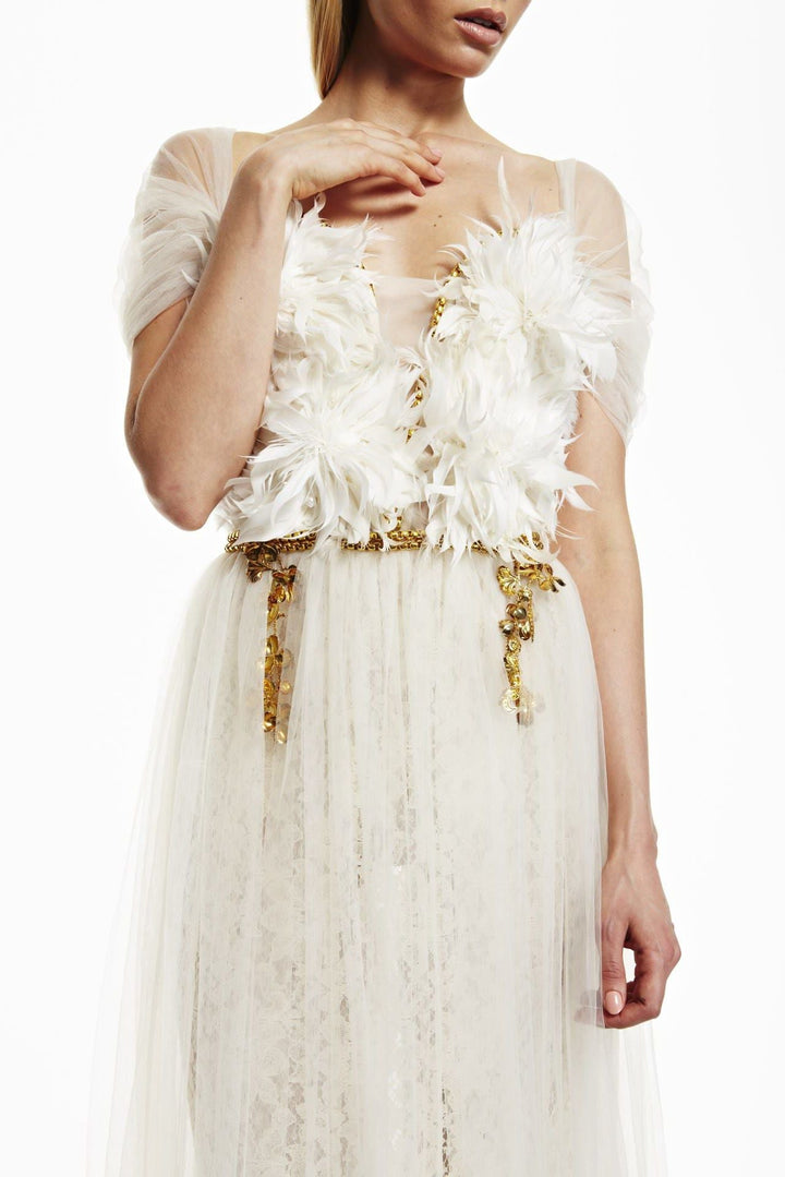 A-line Dress with Feathers and Tulle Detailing