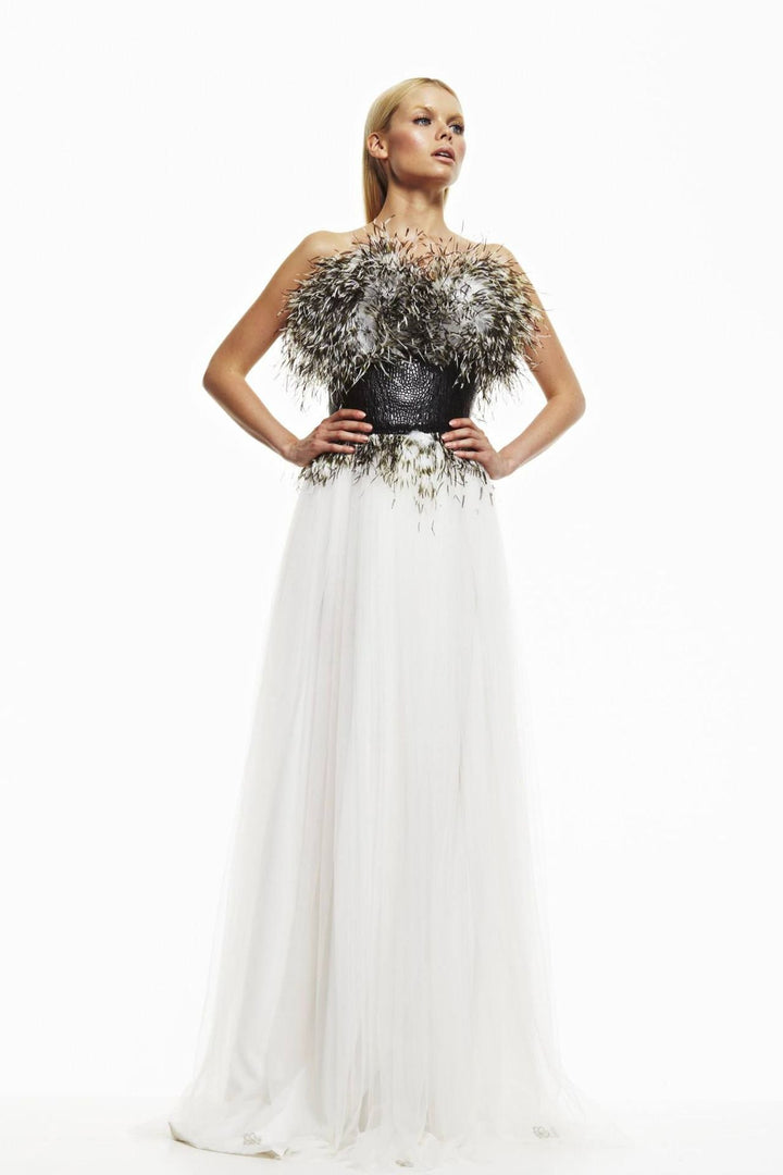 Strapless A-line Dress with Feathers